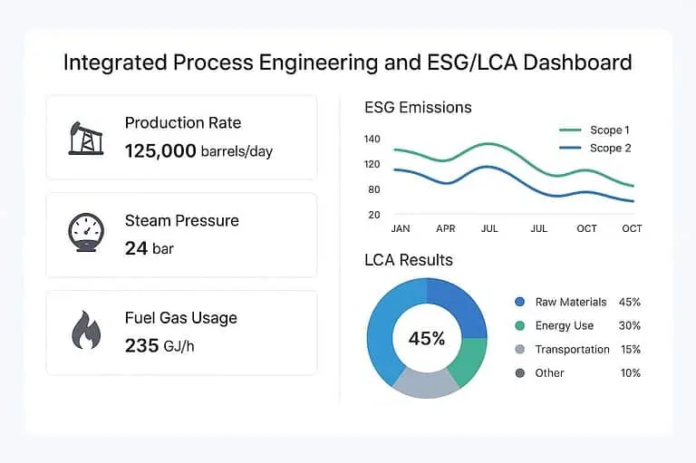 Process dashboard showing production, emissions, and LCA results.