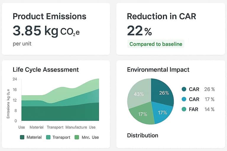 Product emissions and environmental impact graphs displayed.