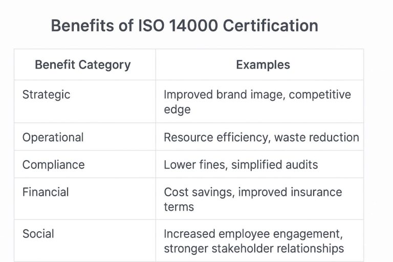 ISO 14000 Certification Benefits Table: Strategic, Operational, etc.