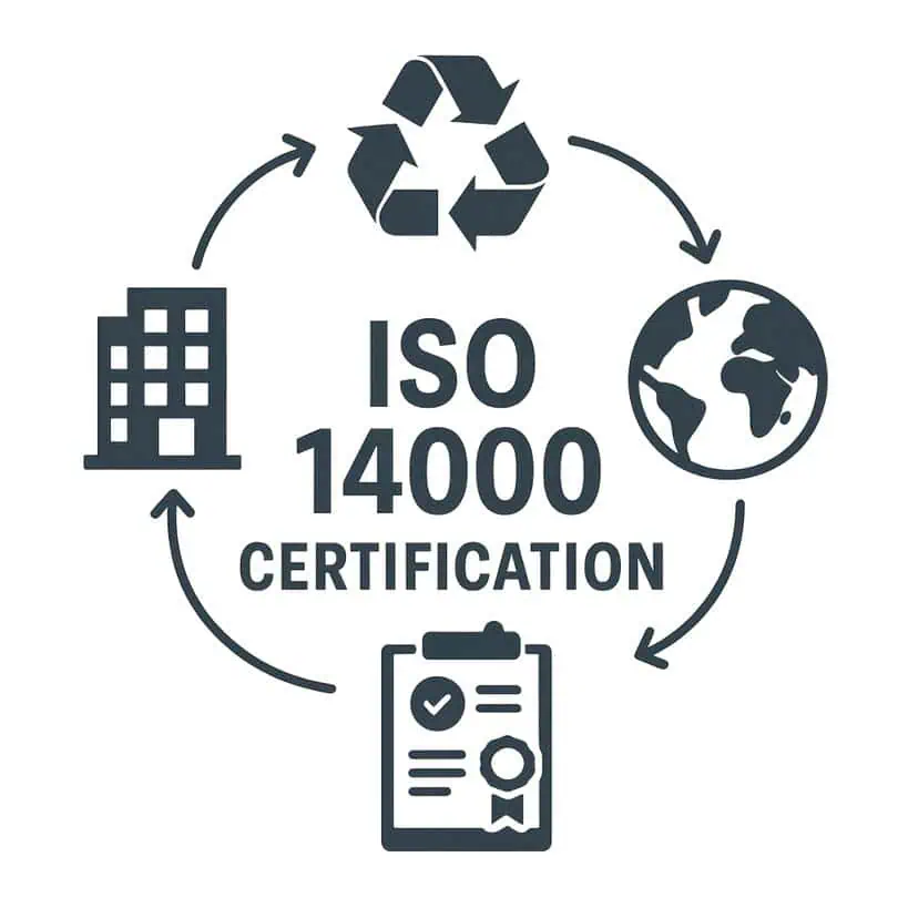 ISO 14000 certification with recycling, globe, building icons.