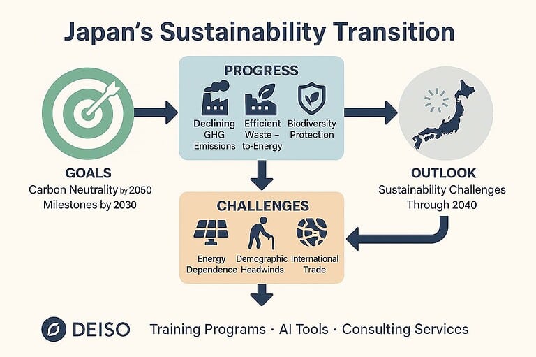 Japan's sustainability goals, progress, and challenges overview.