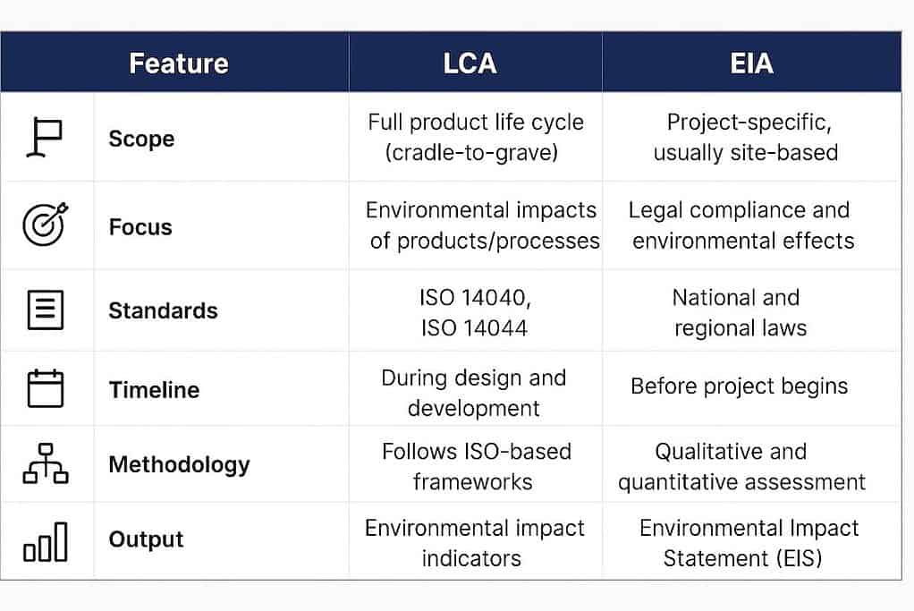 Comparison table of LCA and EIA features.