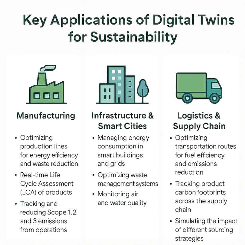 Digital twins applications for sustainability in various sectors.