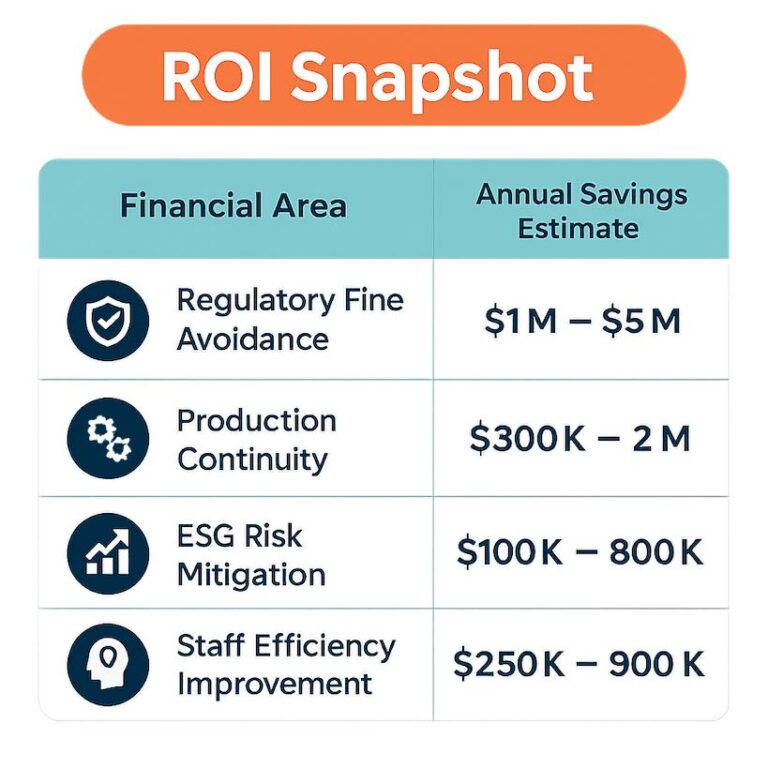 ROI snapshot with annual savings estimates.