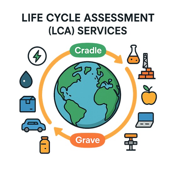 Illustration of Life Cycle Assessment services, cradle to grave.