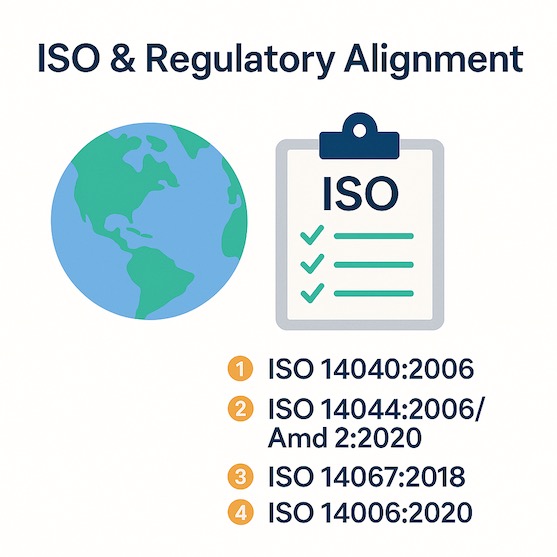 ISO regulatory alignment checklist and globe icon.