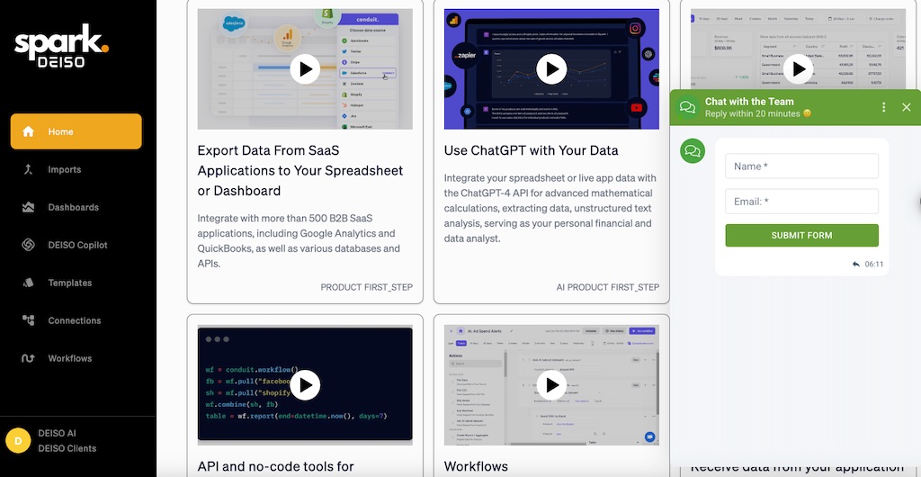 Spark DEISO dashboard with chatbot and product previews.