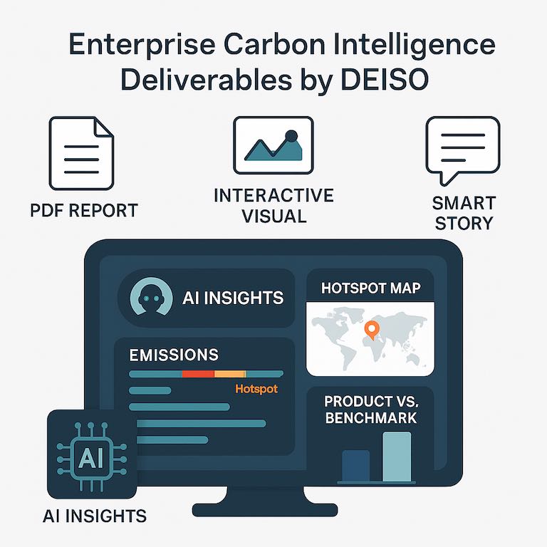 DEISO carbon insights: PDF, visual, story formats.