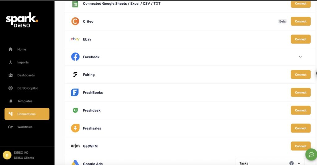 Spark DEISO interface showing connection options.