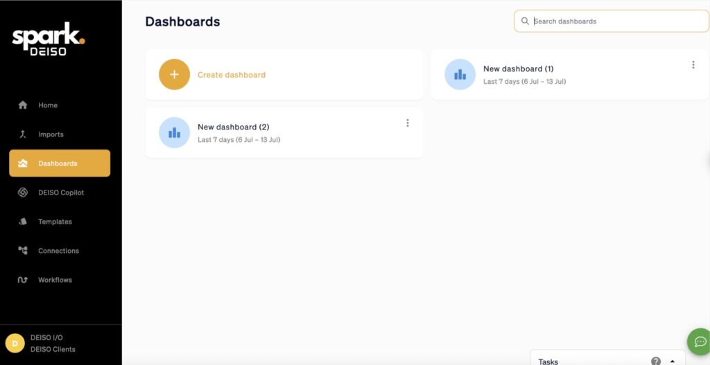 Dashboard interface with navigation menu and search bar.