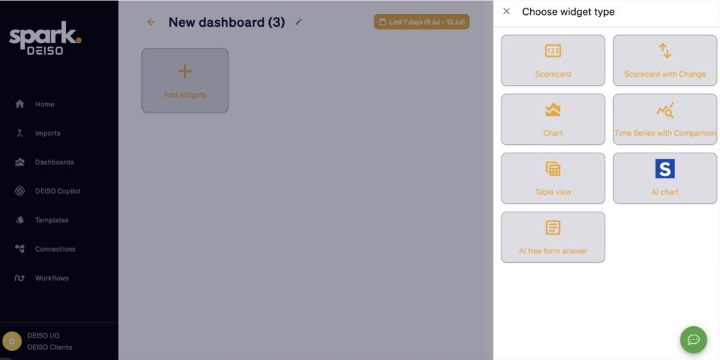 Widget selection menu on dashboard interface