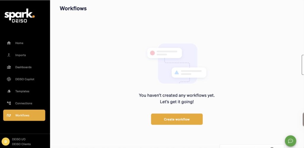Dashboard showing workflow creation prompt and menu items.