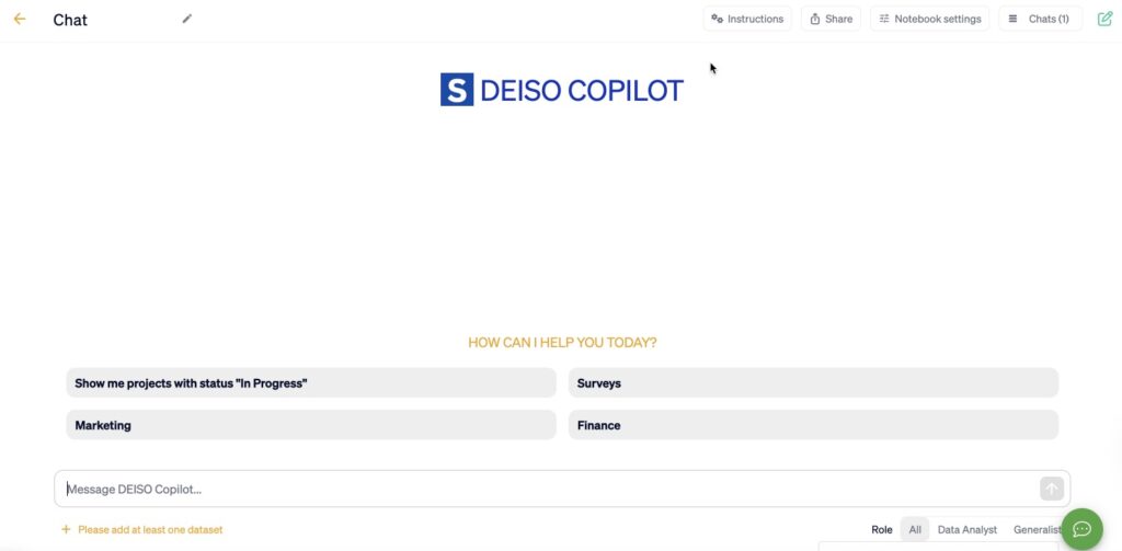 DEISO Copilot chatbot interface with options.