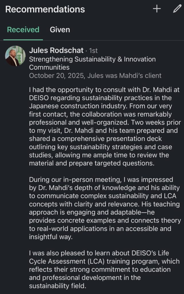 Recommendation for sustainability consulting with Dr. Mahdi.