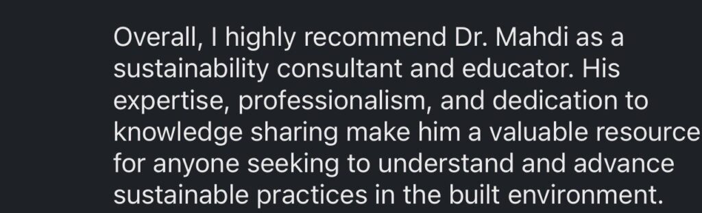Recommendation for Dr. Mahdi as sustainability expert.
