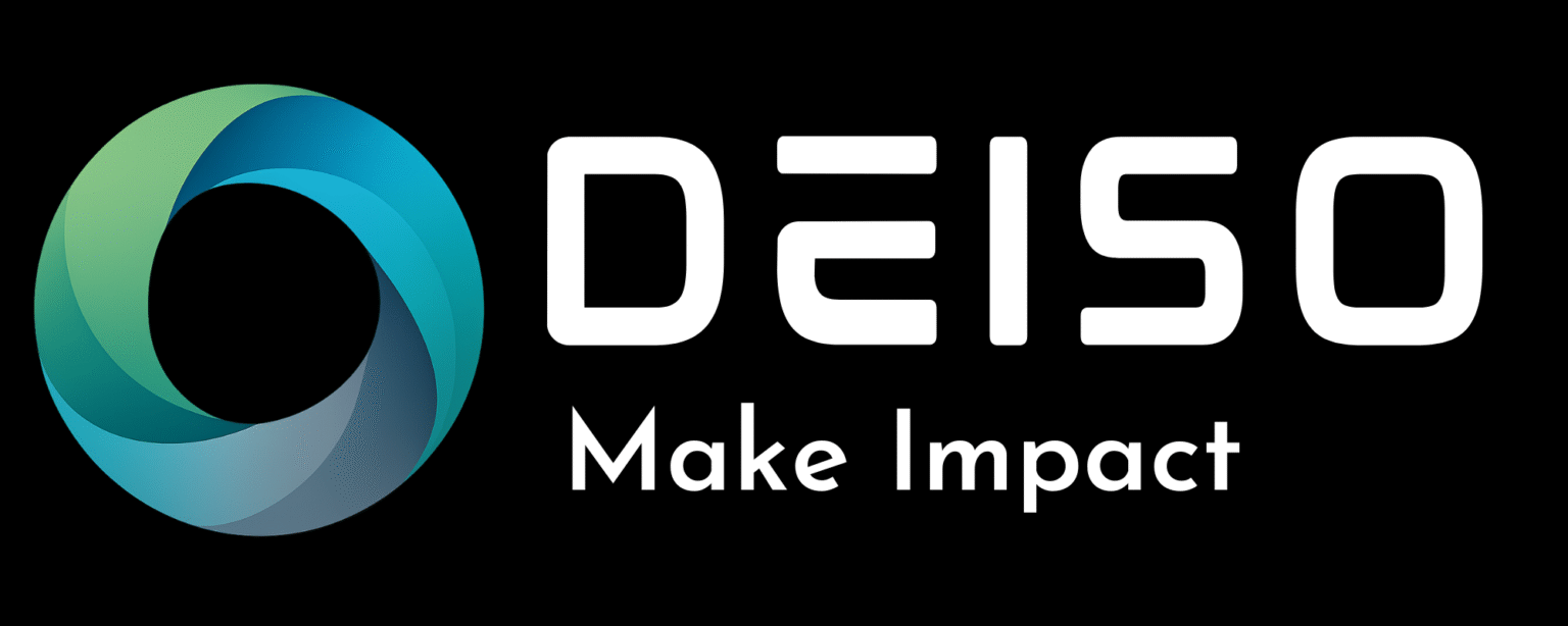 DEISO horizontal full logo with slogan, white text, black background