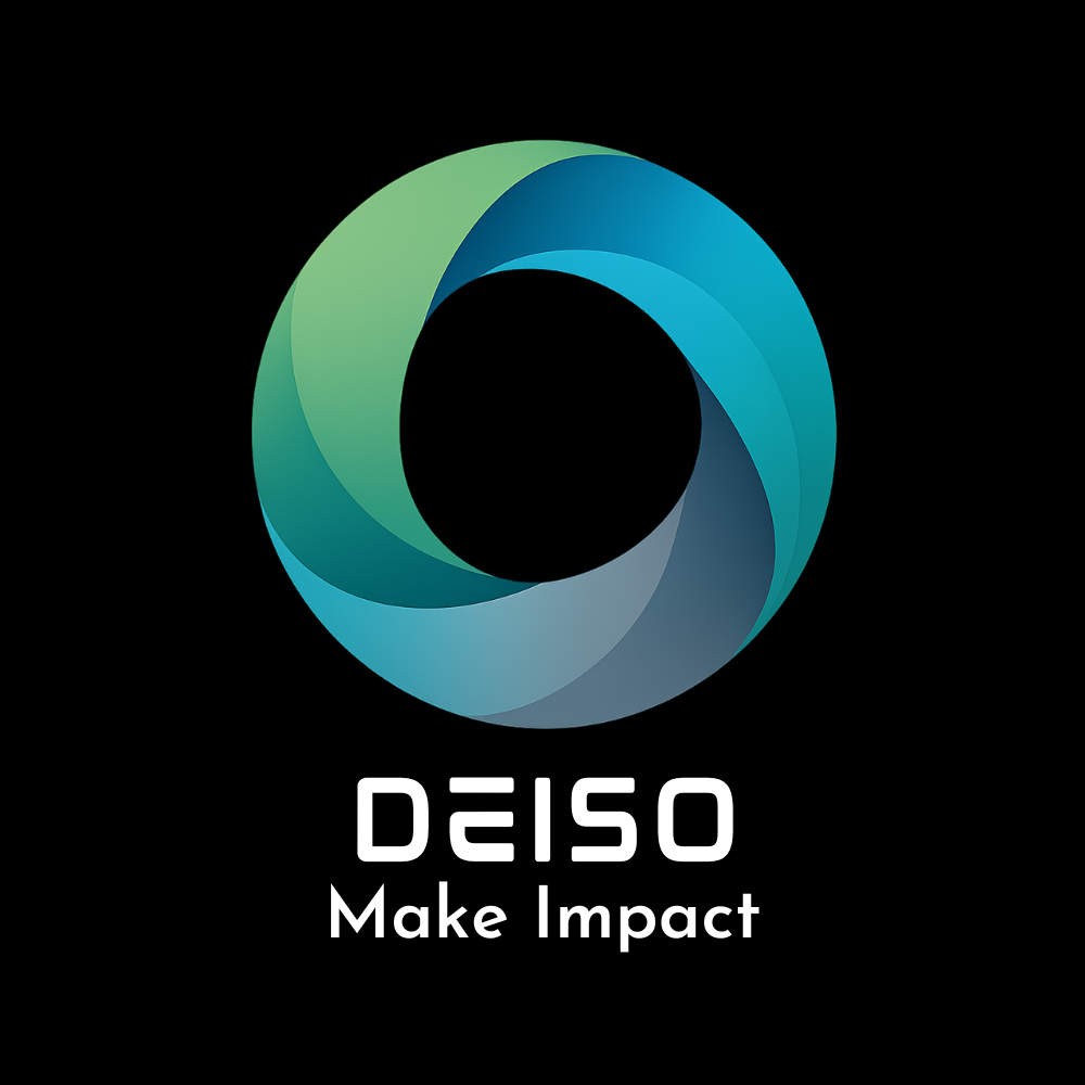 DEISO stacked logo, white text, black background, alternate spacing