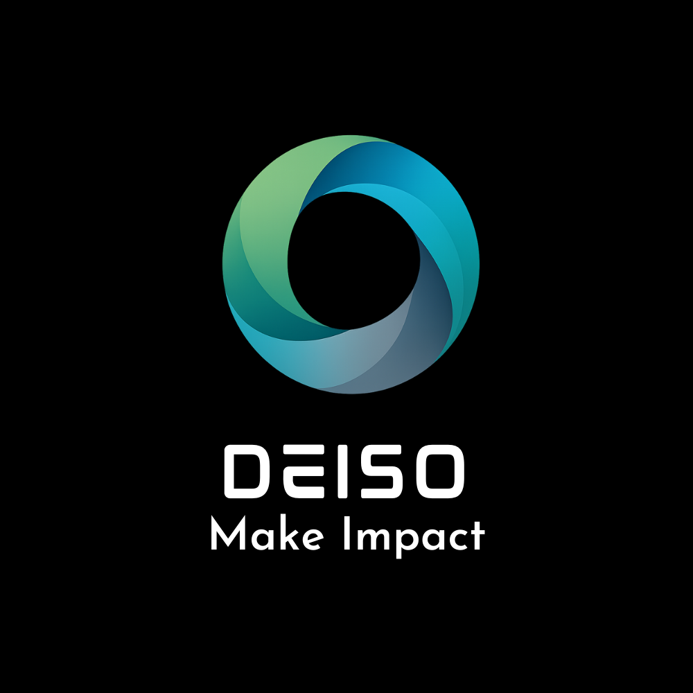 DEISO stacked logo, white text, black background