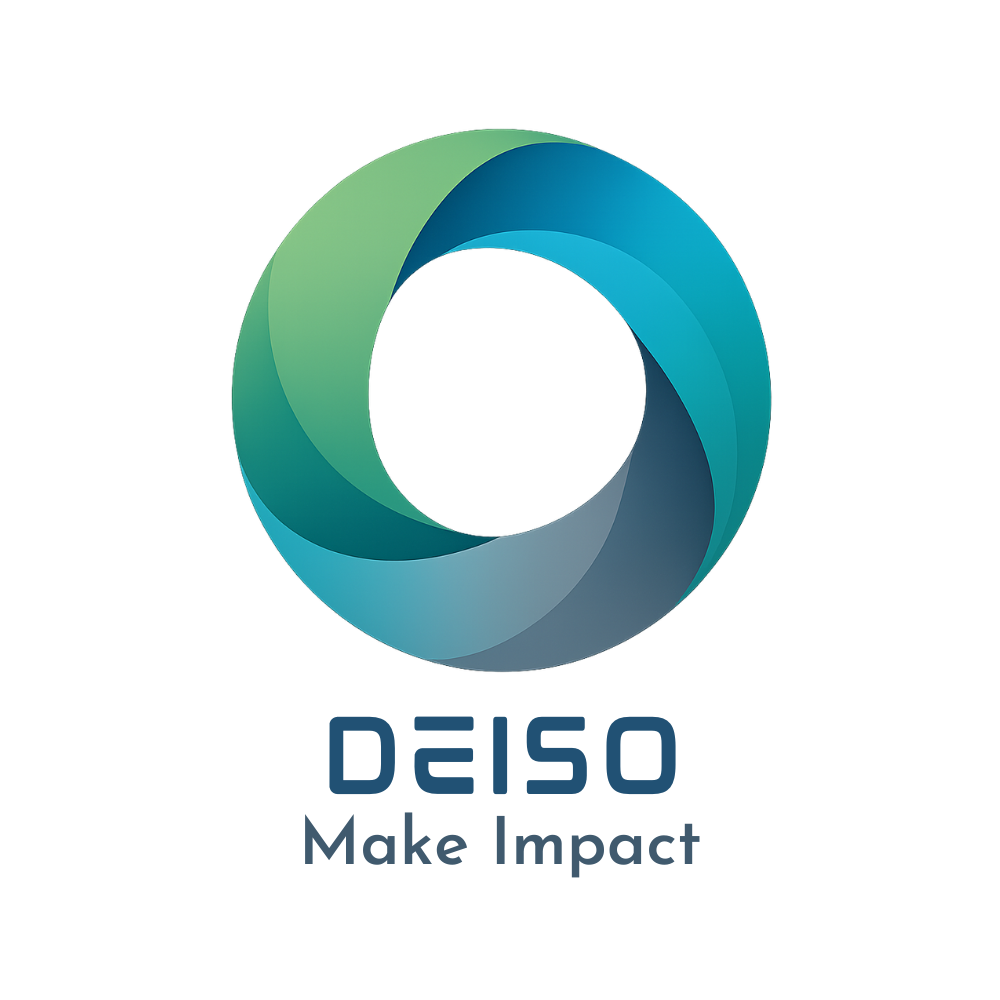 DEISO stacked logo, navy text, transparent background, alternate spacing