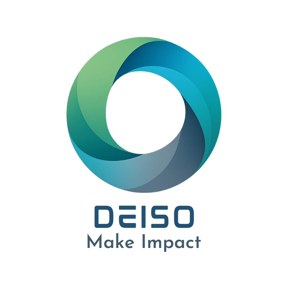 DEISO stacked logo, navy text, white background, alternate spacing