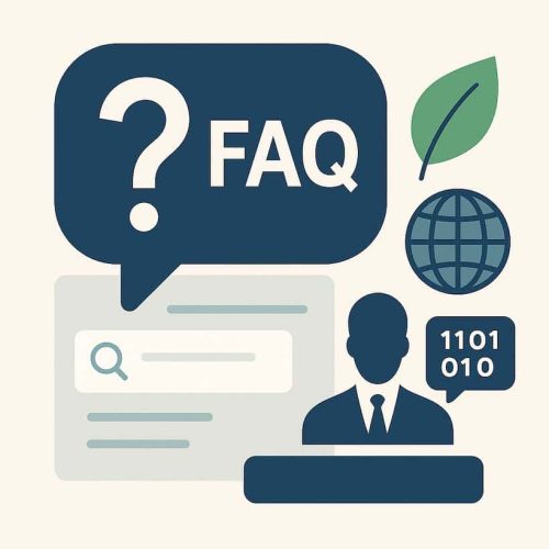 DEISO-よくある質問 検索、地球儀、バイナリ コード付きの FAQ アイコン。